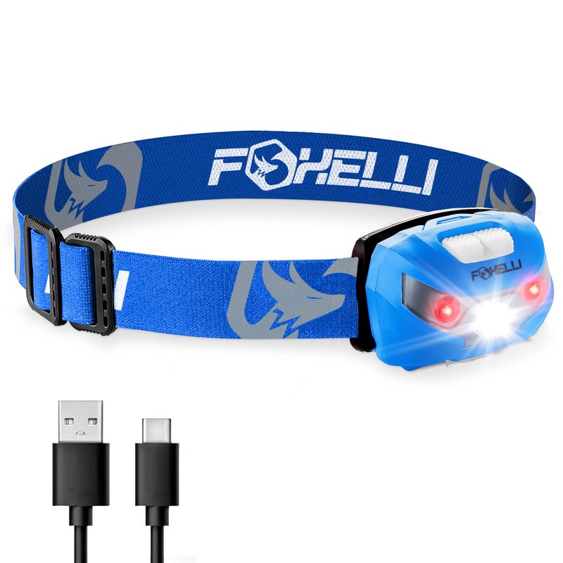 Foxelli USB-C Rechargeable LED Headlamp â€“ Super Bright, Lightweight Head Lamp for Running, Camping, Hiking & Work â€“ Comfortable Fit for Adults & Kids - Image 1